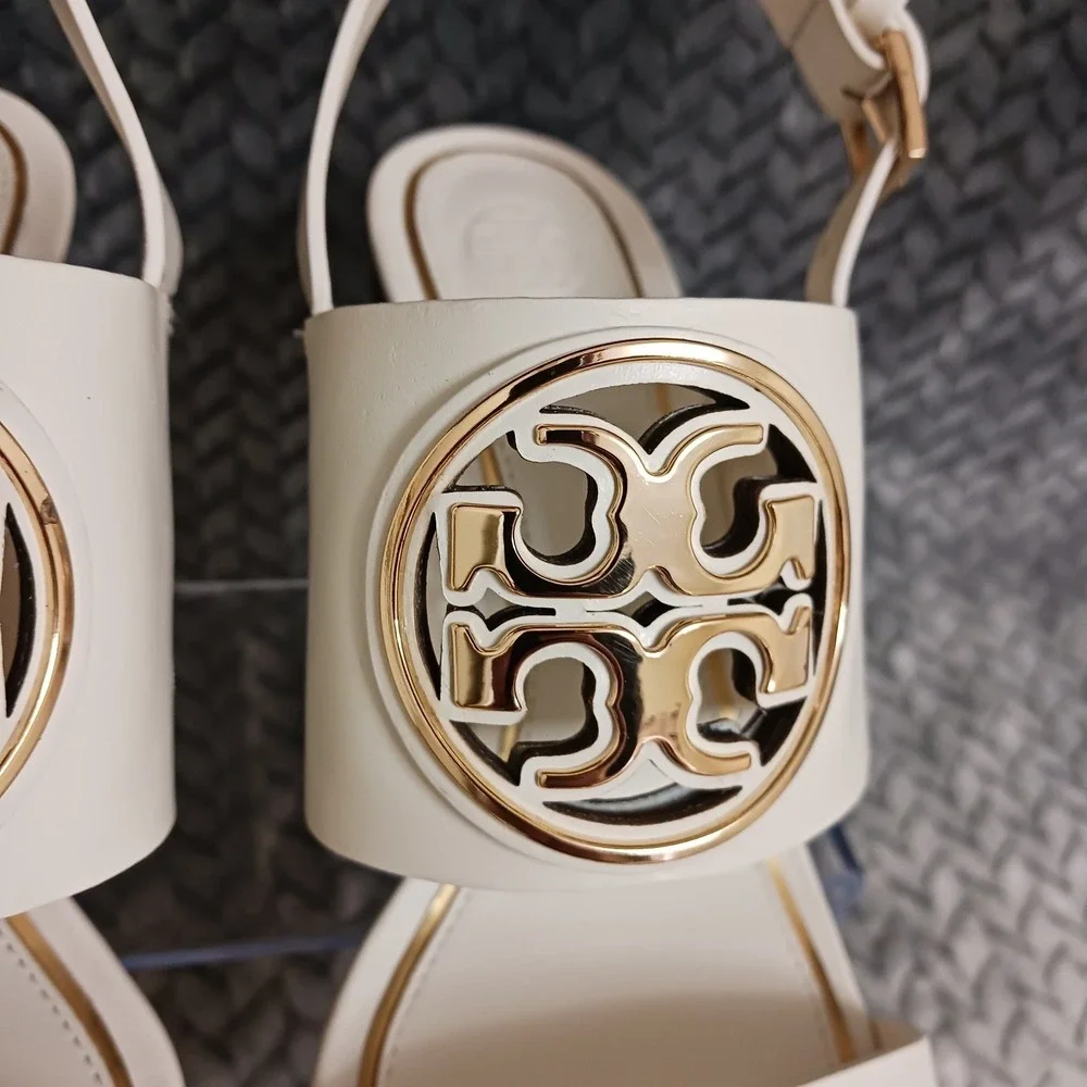 Tory Burch Cream Leather Wedge Sandals with Gold Logo - Picture 11 of 16